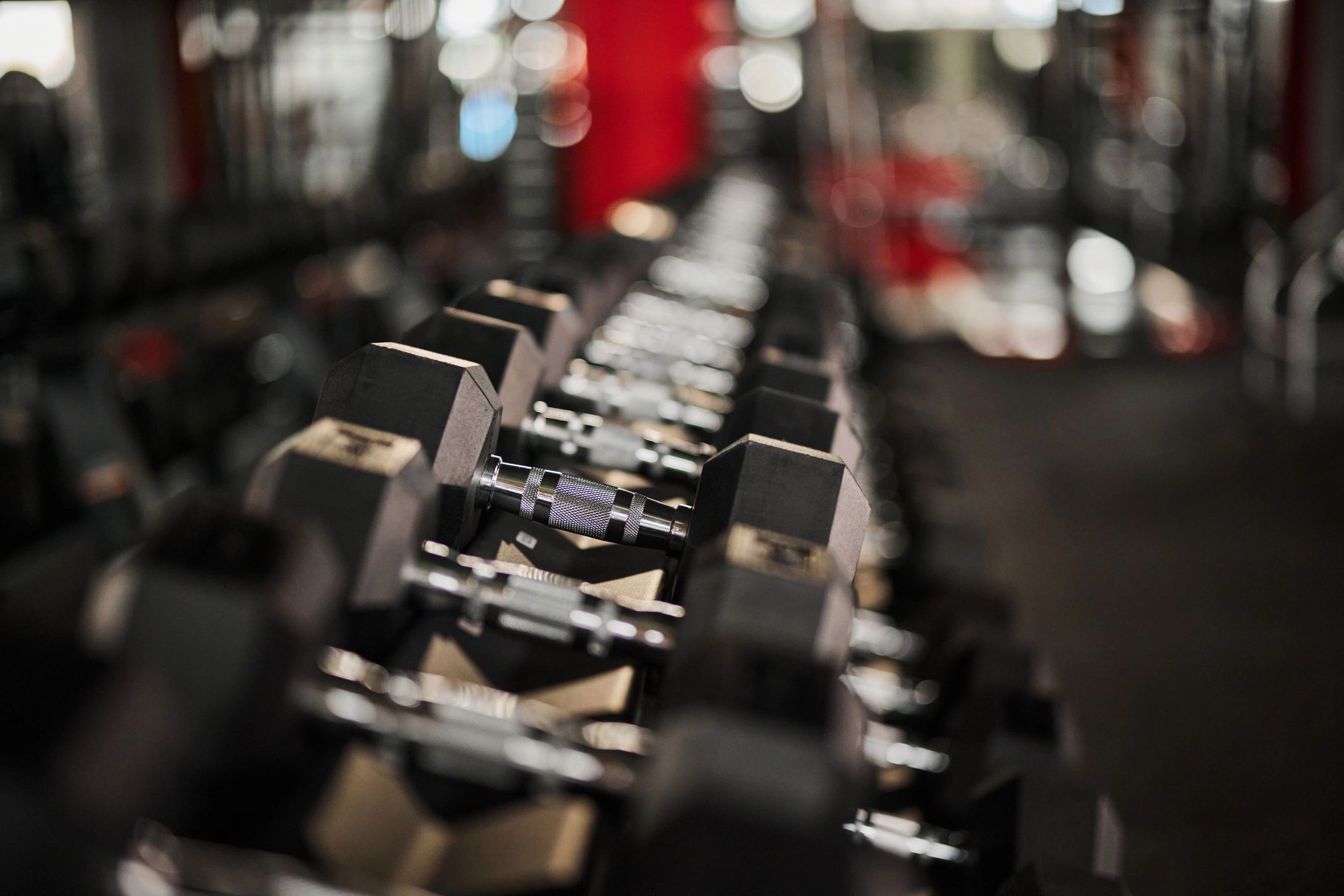 Dumbbells on a rack in a gym